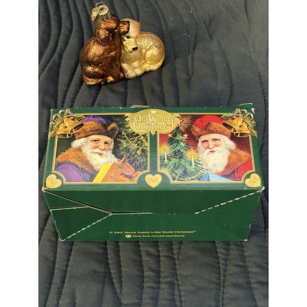 Merck Family Old World Christmas Glass Dog Ornament Brown & Golden w/ Box Bookle